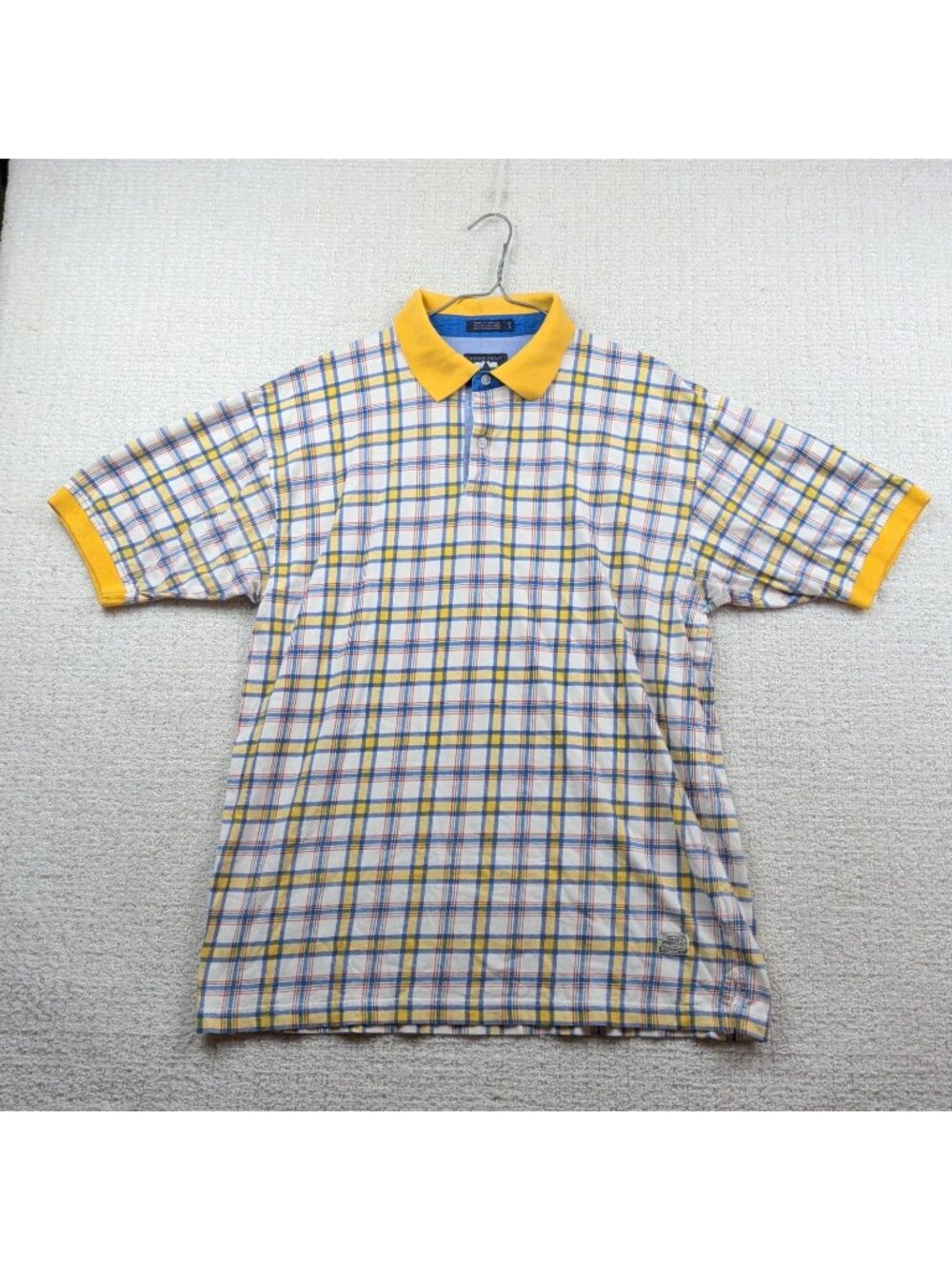 VTG Woods & Gray Polo Shirt Mens L Golf Yellow Blue Tartan Plaid Golf Preppy